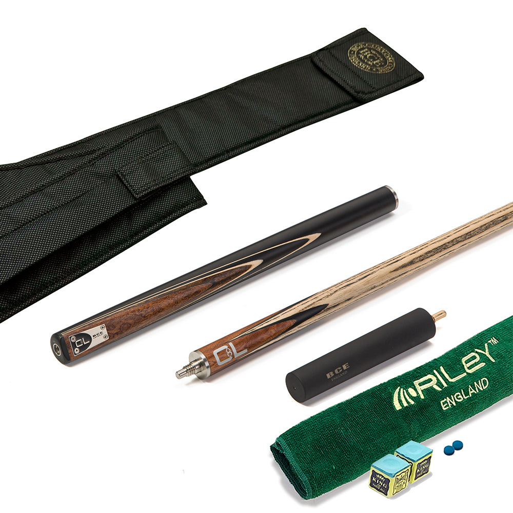BCE C8L - 3 Piece English Pool Cue 3/4 Cut - Layered Ebonised Black Wood Butt with 9mm Tip - 145cm - Black/ Dark Wood - with Deluxe Hard Case
