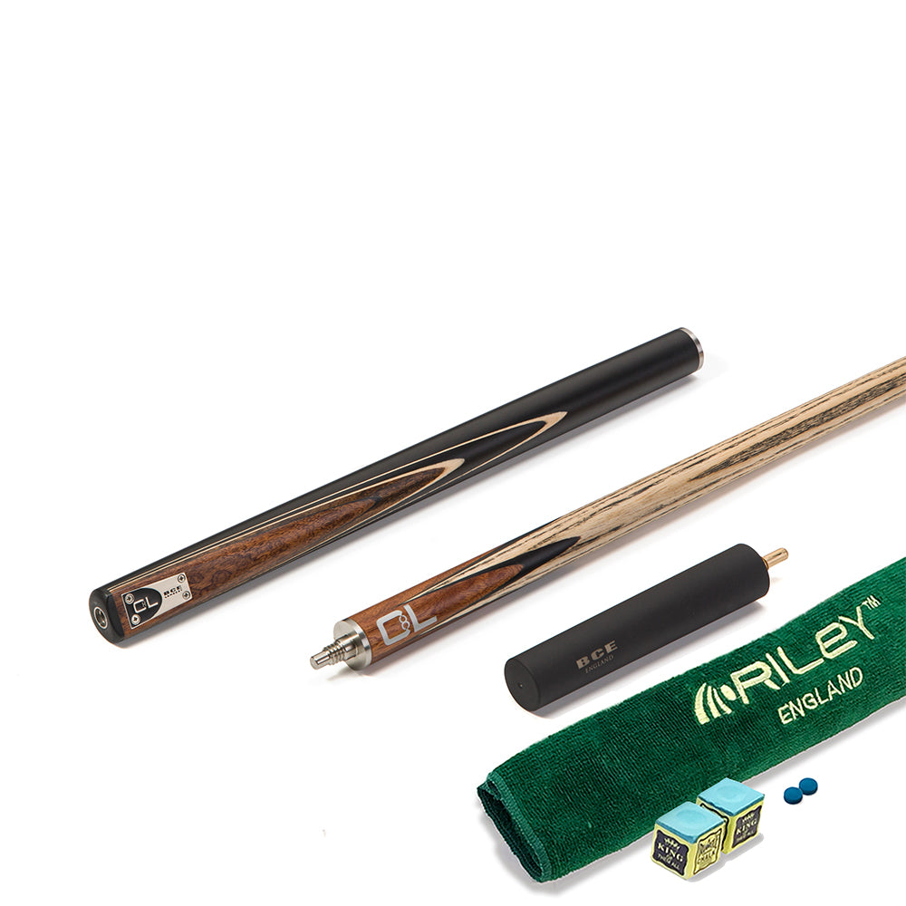 BCE C8L - 3 Piece English Pool Cue 3/4 Cut - Layered Ebonised Black Wood Butt with 9mm Tip - 145cm - Black/ Dark Wood - with Deluxe Hard Case