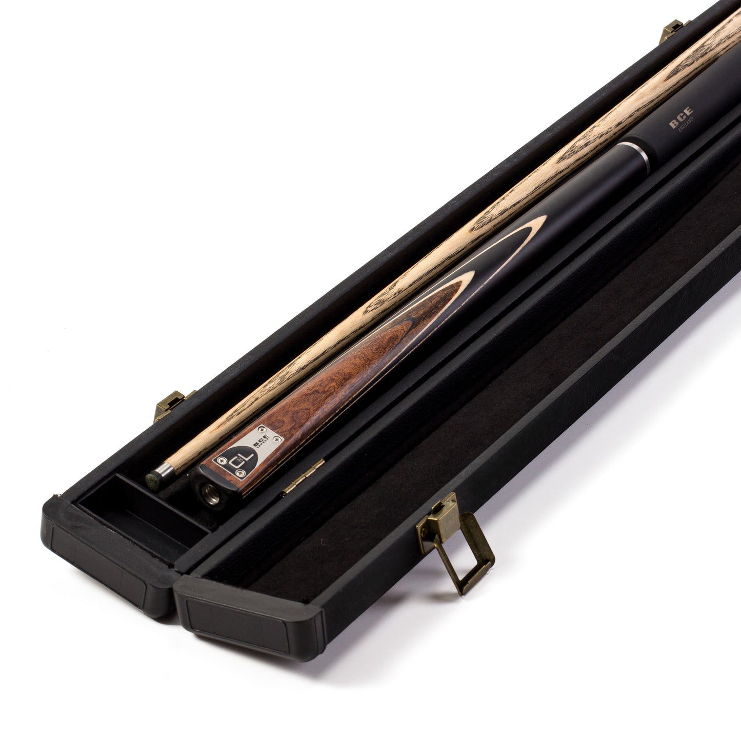 BCE C8L - 3 Piece English Pool Cue 3/4 Cut - Layered Ebonised Black Wood Butt with 9mm Tip - 145cm - Black/ Dark Wood - with Deluxe Hard Case