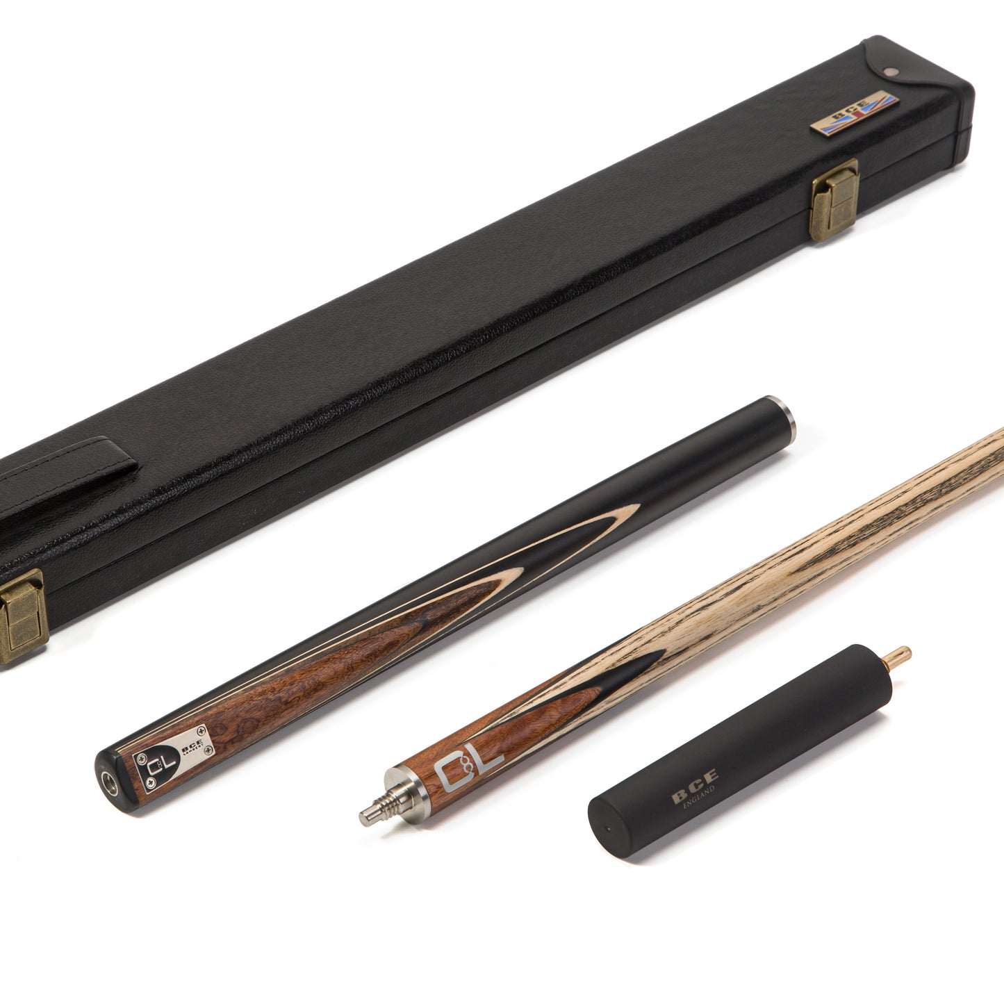 BCE C8L - 3 Piece English Pool Cue 3/4 Cut - Layered Ebonised Black Wood Butt with 9mm Tip - 145cm - Black/ Dark Wood - with Deluxe Hard Case