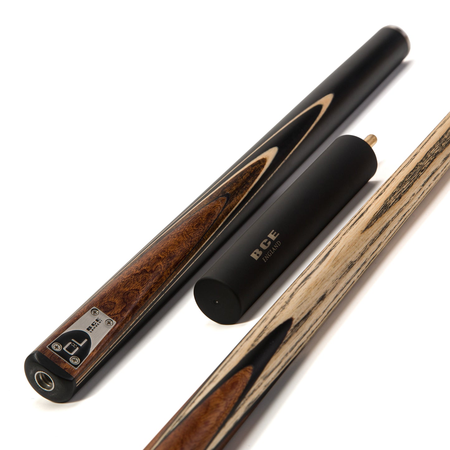 BCE C8L - 3 Piece English Pool Cue 3/4 Cut - Layered Ebonised Black Wood Butt with 9mm Tip - 145cm - Black/ Dark Wood - with Deluxe Hard Case