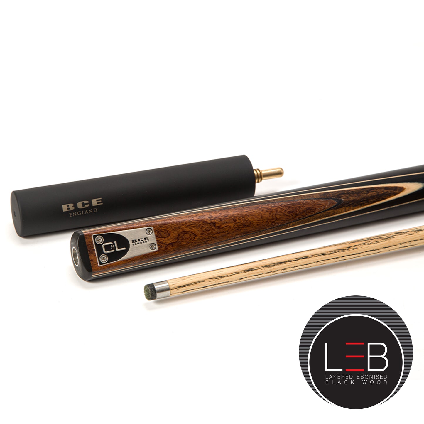 BCE C8L - 3 Piece English Pool Cue 3/4 Cut - Layered Ebonised Black Wood Butt with 9mm Tip - 145cm - Black/ Dark Wood - with Deluxe Hard Case