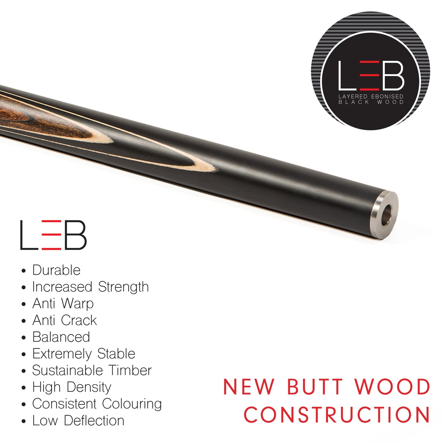 BCE C8L - 3 Piece English Pool Cue 3/4 Cut - Layered Ebonised Black Wood Butt with 9mm Tip - 145cm - Black/ Dark Wood - with Deluxe Hard Case