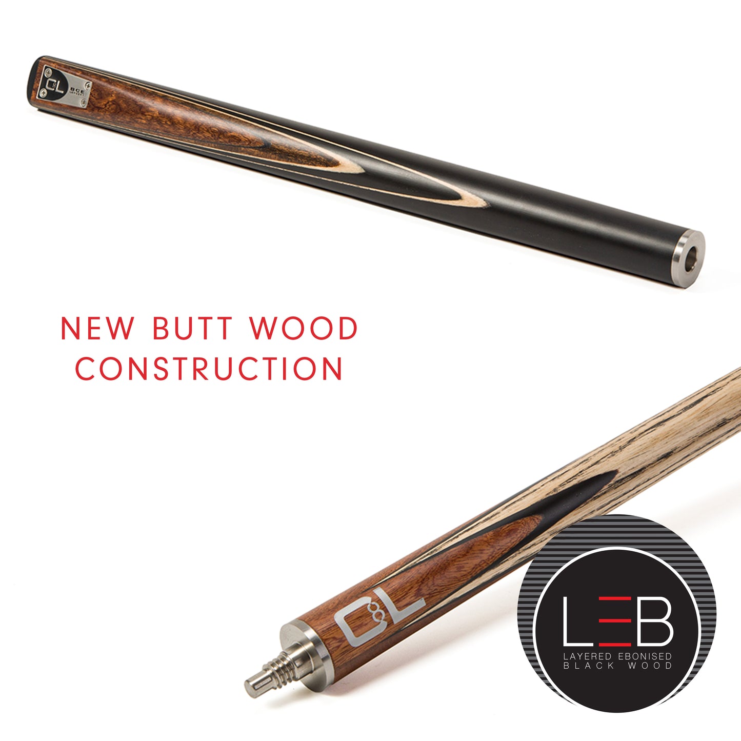 BCE C8L - 3 Piece English Pool Cue 3/4 Cut - Layered Ebonised Black Wood Butt with 9mm Tip - 145cm - Black/ Dark Wood - with Deluxe Hard Case