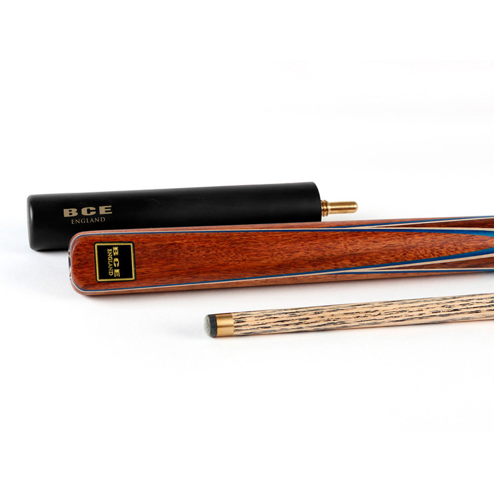 BCE 3 Piece Snooker Cue 3/4 Cut- Exotic Wood Butt with 9.5mm Tip - 145cm - Blue/ Natural Wood