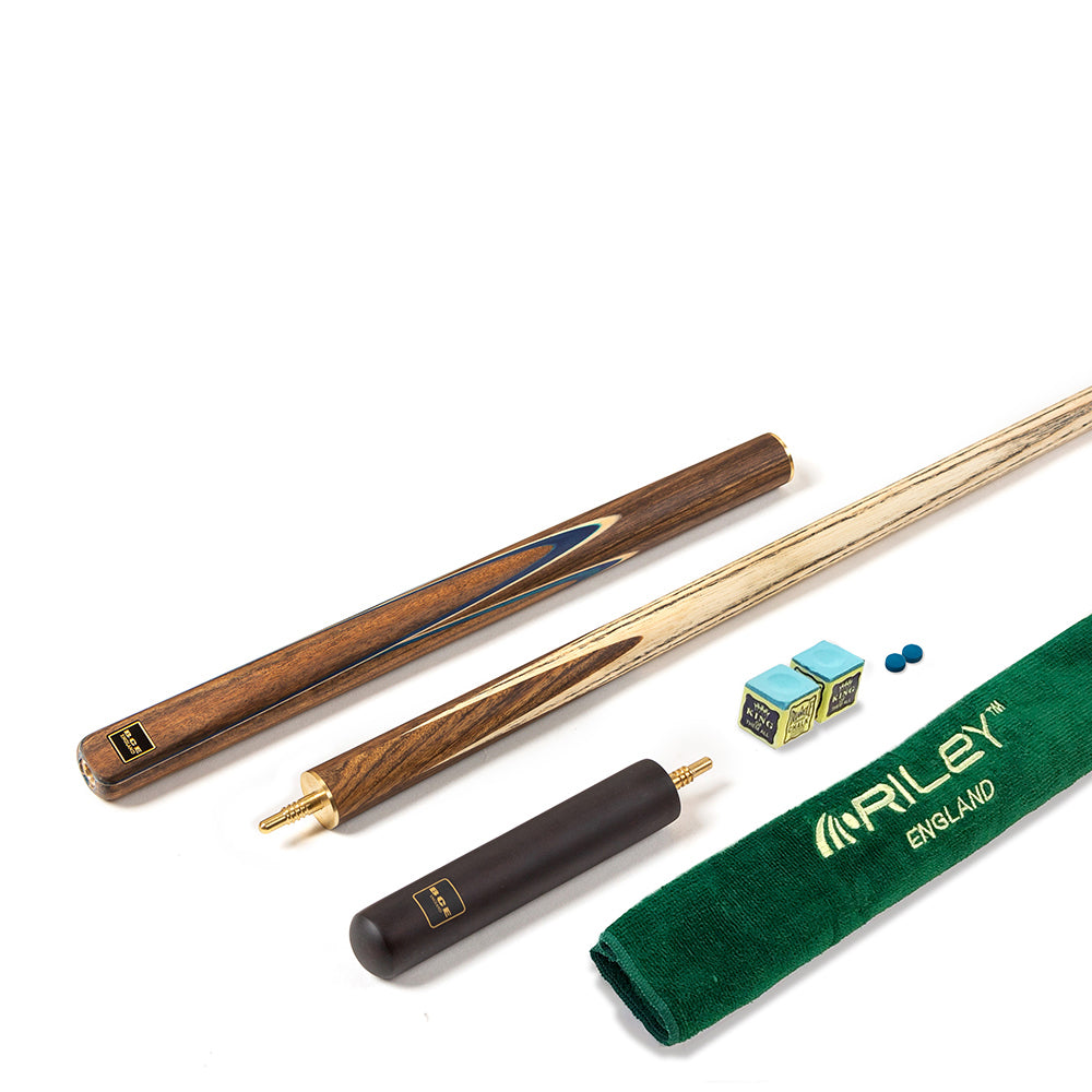 BCE 3 Piece Snooker Cue 3/4 Cut- Exotic Wood Butt with 9.5mm Tip - 145cm - Blue/ Natural Wood