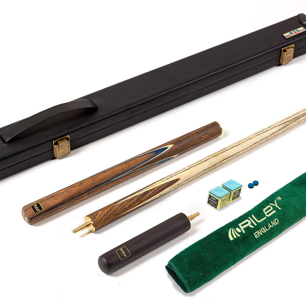 BCE 3 Piece Snooker Cue - 3/4 Cut Cue - Exotic Wood Butt - 9.5mm Tip - 145cm - Blue/ Natural Wood
