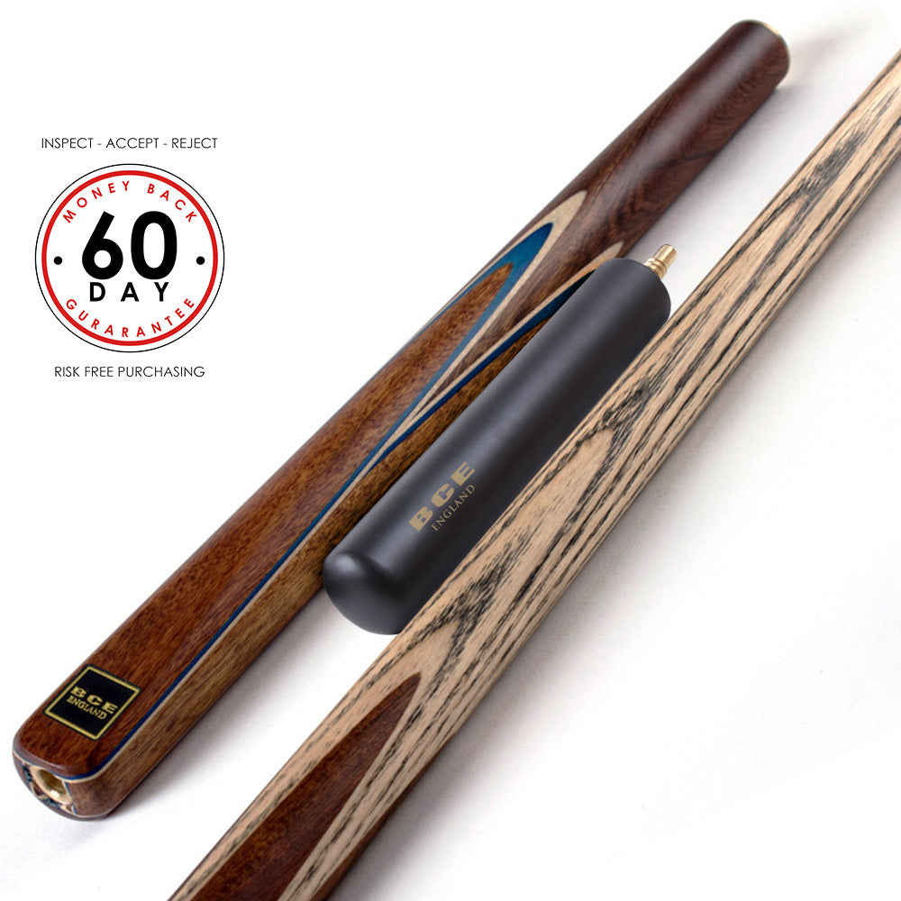 BCE 3 Piece Snooker Cue 3/4 Cut- Exotic Wood Butt with 9.5mm Tip - 145cm - Blue/ Natural Wood