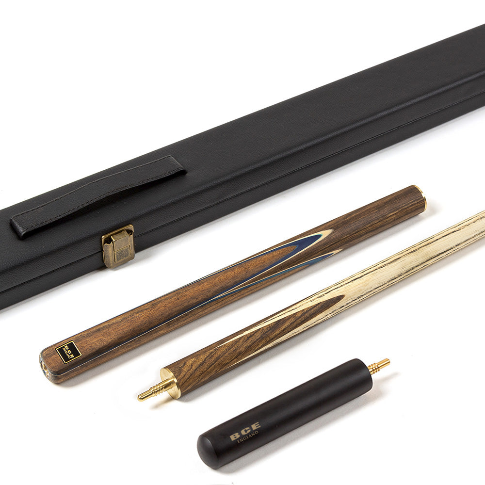 BCE 3 Piece Snooker Cue 3/4 Cut- Exotic Wood Butt with 9.5mm Tip - 145cm - Blue/ Natural Wood