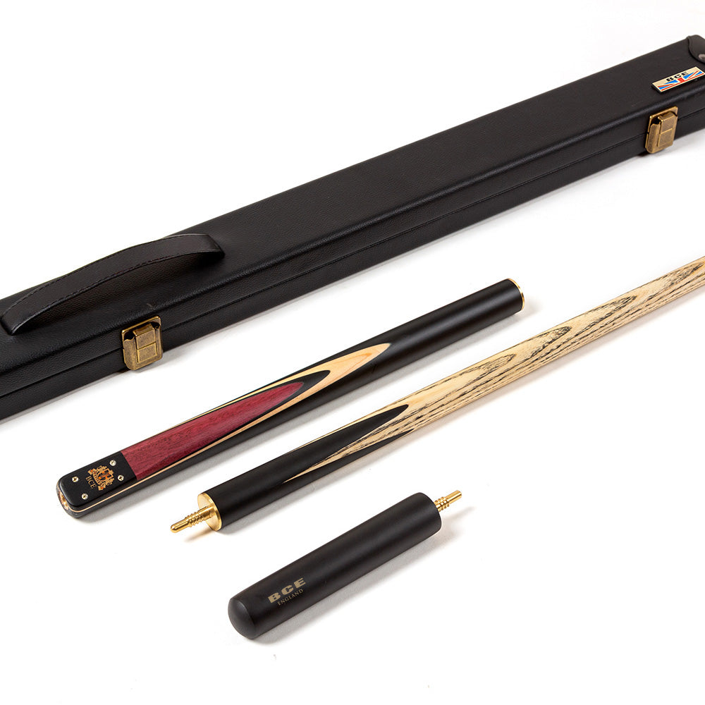 BCE 3 Piece Heritage Snooker Cue and Hard Case 3/4 Cut - Sapele Mahogany Butt - 9.5mm Tip - 145cm - Black/Natural/Purple