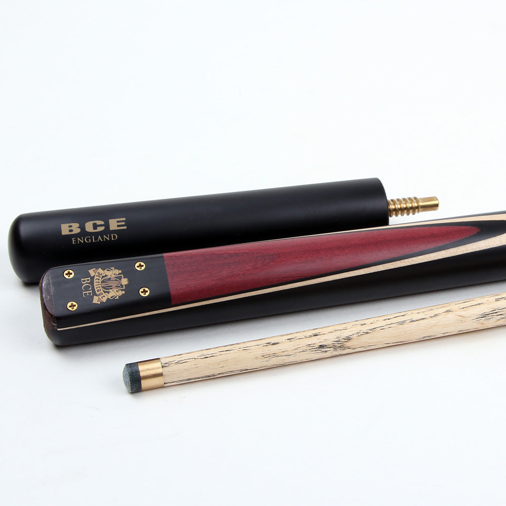 BCE 3 Piece Heritage Snooker Cue and Hard Case 3/4 Cut - Sapele Mahogany Butt - 9.5mm Tip - 145cm - Black/Natural/Purple