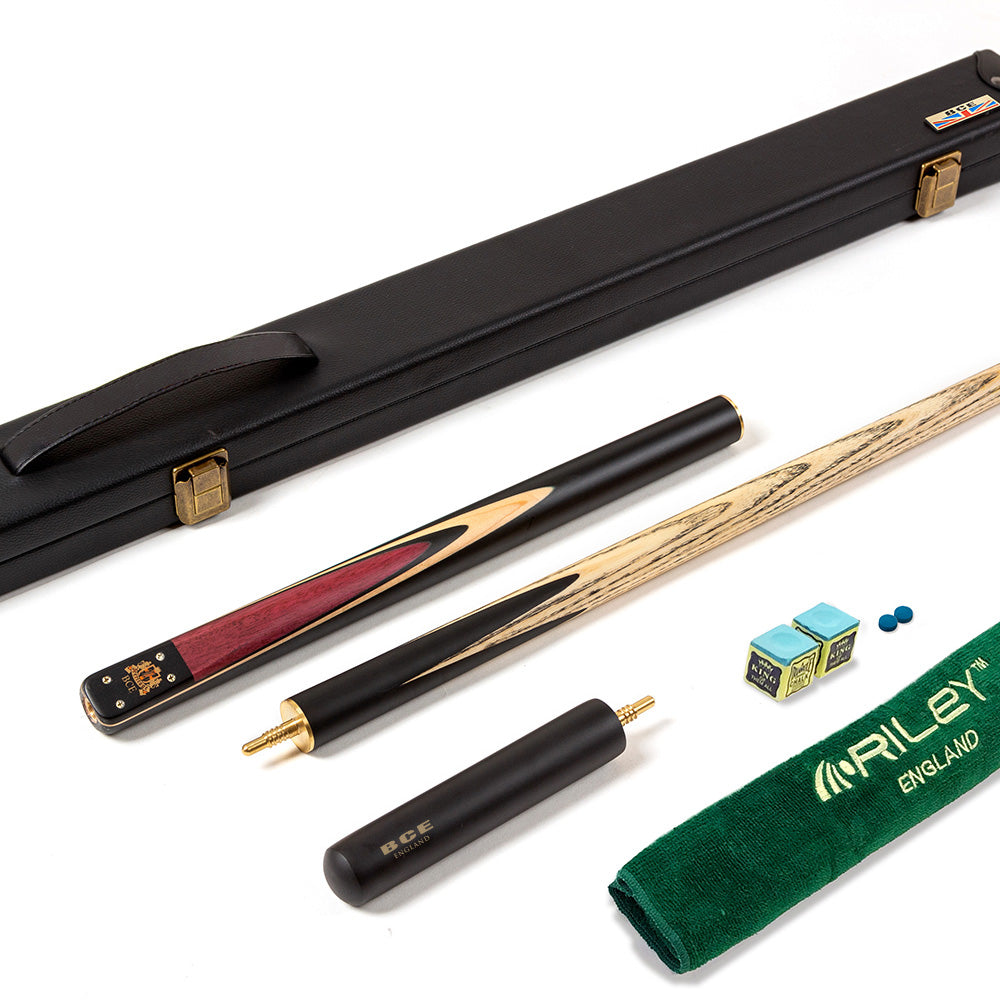 BCE 3 Piece Heritage Snooker Cue and Hard Case 3/4 Cut - Sapele Mahogany Butt - 9.5mm Tip - 145cm - Black/Natural/Purple