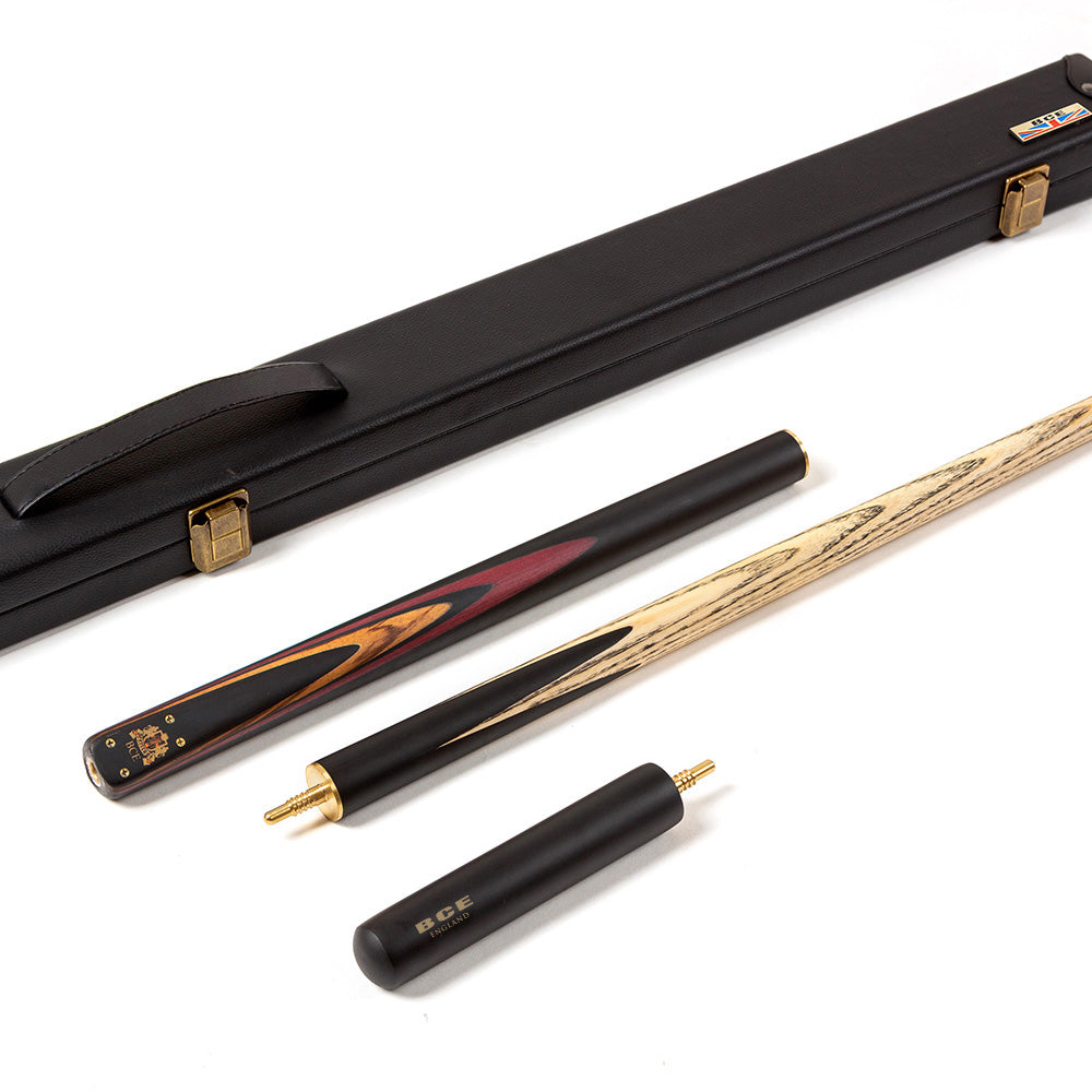 BCE 3 Piece Heritage Snooker Cue and Hard Case 3/4 Cut - Sapele Mahogany Butt - 9.5mm Tip - 145cm - Black/Natural/Brown/Purple