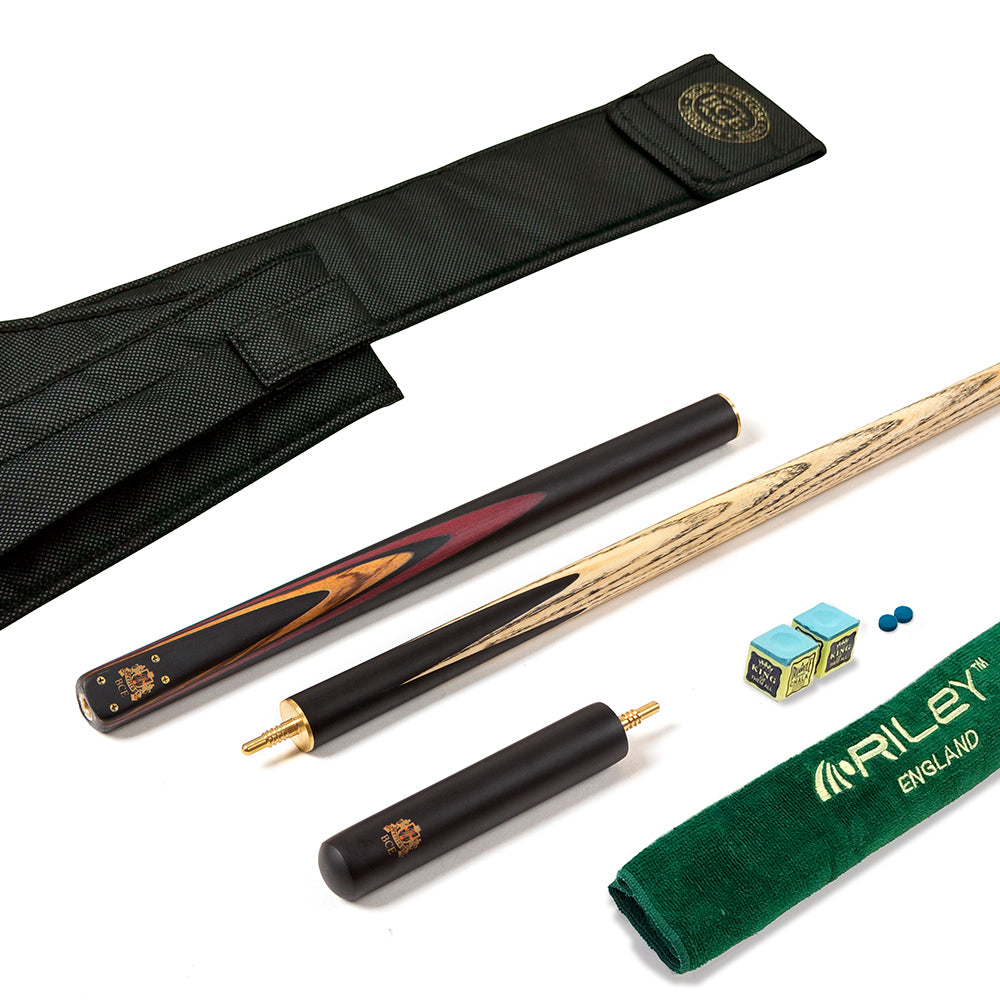 BCE 3 Piece Heritage Snooker Cue - 3/4 Cut Cue - Layered Ebonised Black Wood Butt - 9.5mm Tip - 145cm - Black/Natural/Brown/Purple