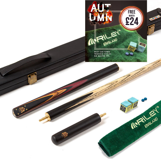 BCE 3 Piece Heritage Snooker Cue - 3/4 Cut Cue - Layered Ebonised Black Wood Butt - 9.5mm Tip - 145cm - Black/Natural/Brown/Purple