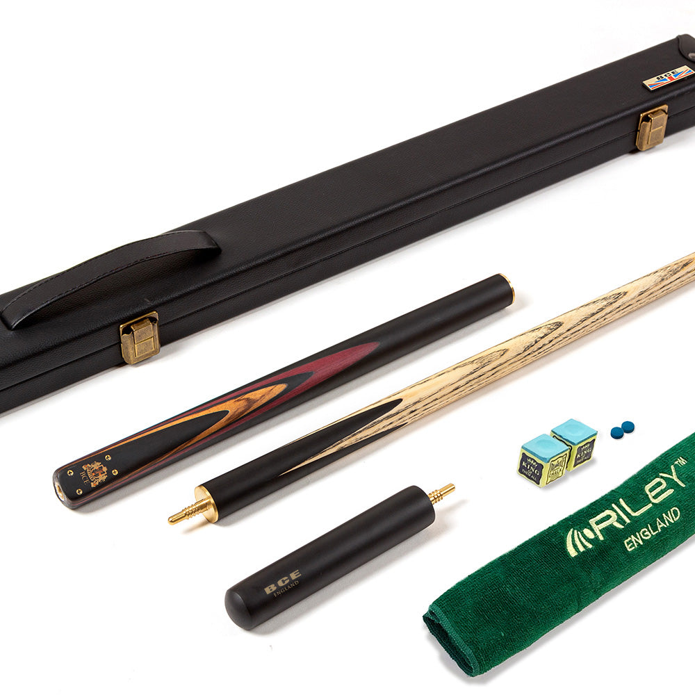 BCE 3 Piece Heritage Snooker Cue and Hard Case 3/4 Cut - Sapele Mahogany Butt - 9.5mm Tip - 145cm - Black/Natural/Brown/Purple