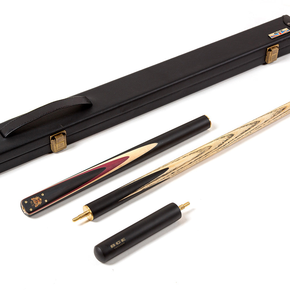 BCE 3 Piece Heritage Snooker Cue and Hard Case 3/4 Cut - Sapele Mahogany Butt - 9.5mm Tip - 145cm - Black/Natural/Purple