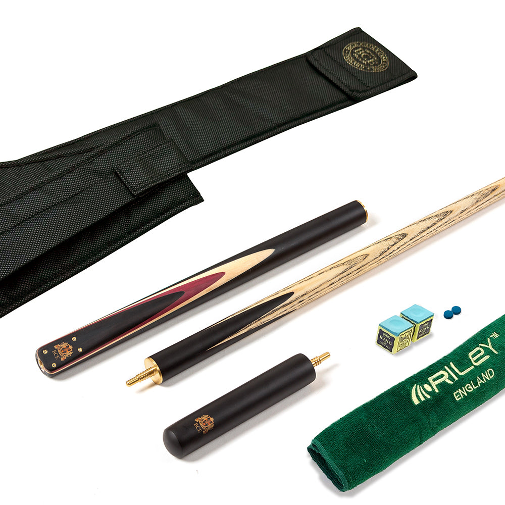 BCE 3 Piece Heritage Snooker Cue and Hard Case 3/4 Cut - Sapele Mahogany Butt - 9.5mm Tip - 145cm - Black/Natural/Purple
