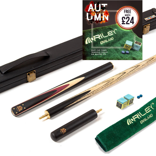 BCE 3 Piece Heritage Snooker Cue - 3/4 Cut Cue - Layered Ebonised Black Wood Butt - 9.5mm Tip - 145cm - Black/Natural/Purple