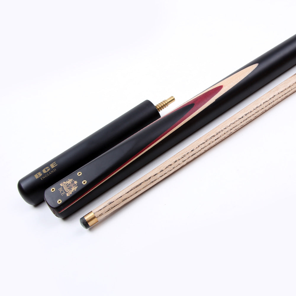 BCE 3 Piece Heritage Snooker Cue and Hard Case 3/4 Cut - Sapele Mahogany Butt - 9.5mm Tip - 145cm - Black/Natural/Purple