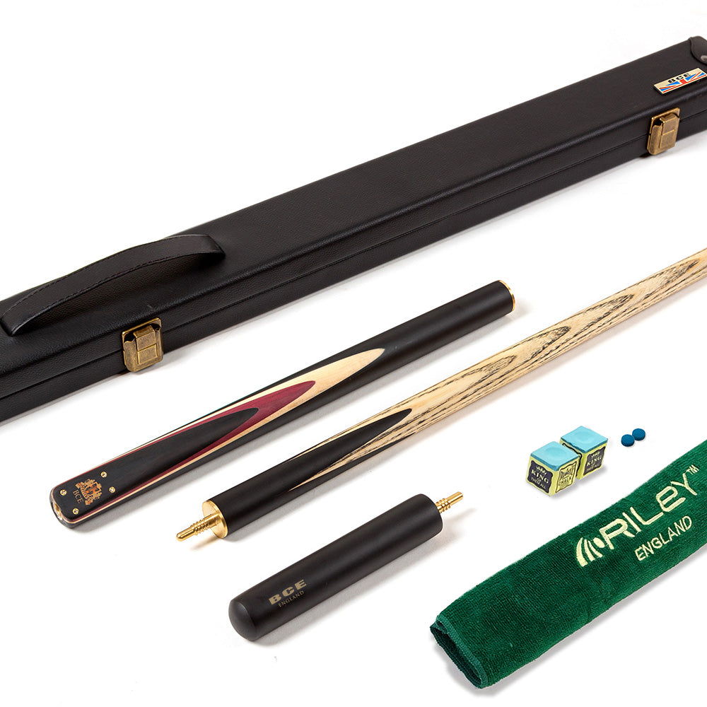 BCE 3 Piece Heritage Snooker Cue and Hard Case 3/4 Cut - Sapele Mahogany Butt - 9.5mm Tip - 145cm - Black/Natural/Purple