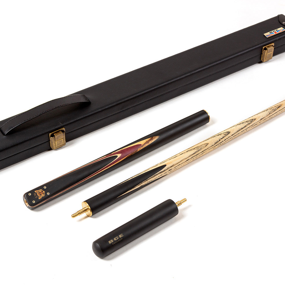 BCE 3 Piece Heritage Snooker Cue and Hard Case 3/4 Cut- Sapele Mahogany Butt - 9.5mm Tip - 145cm - Black/Natural/Purple