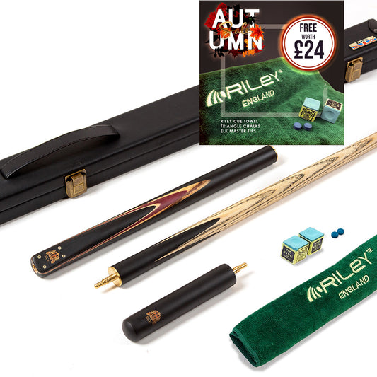 BCE 3 Piece Heritage Snooker Cue - 3/4 Cut Cue - Layered Ebonised Black Wood Butt - 9.5mm Tip - 145cm - Black/Natural/Purple