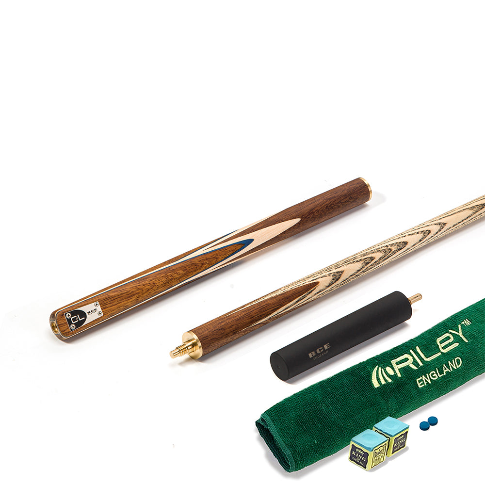 BCE C8L - 3 Piece English Pool Cue 3/4 Cut - Exotic Wood Butt with 9mm Tip - 145cm - Blue/ Natural Wood - with Deluxe Hard Case