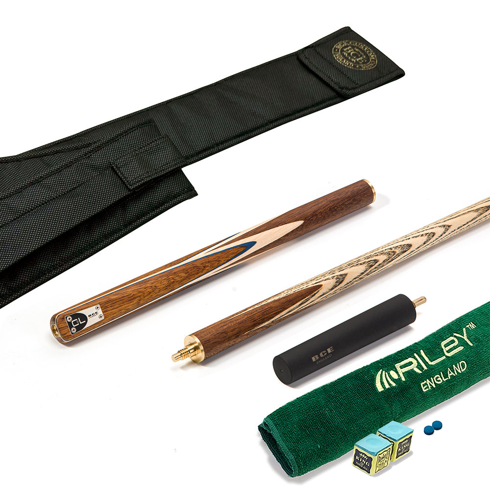 BCE C8L - 3 Piece English Pool Cue 3/4 Cut - Exotic Wood Butt with 9mm Tip - 145cm - Blue/ Natural Wood - with Deluxe Hard Case