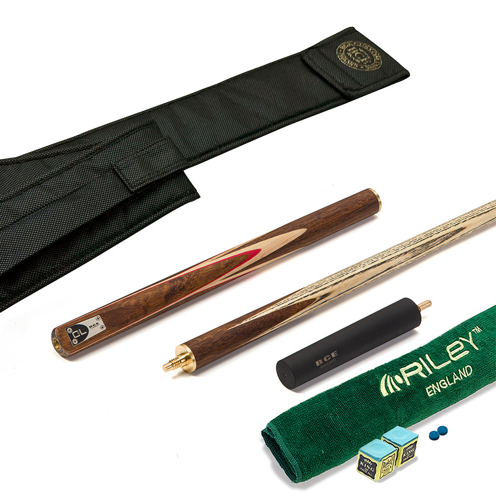 BCE C8L - 3 Piece English Pool Cue 3/4 Cut - Exotic Wood Butt with 9mm Tip - 145cm - Red/ Natural Wood - with Deluxe Hard Case