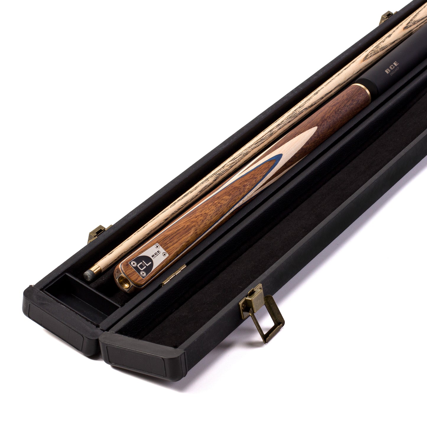 BCE C8L - 3 Piece English Pool Cue 3/4 Cut - Exotic Wood Butt with 9mm Tip - 145cm - Blue/ Natural Wood - with Deluxe Hard Case
