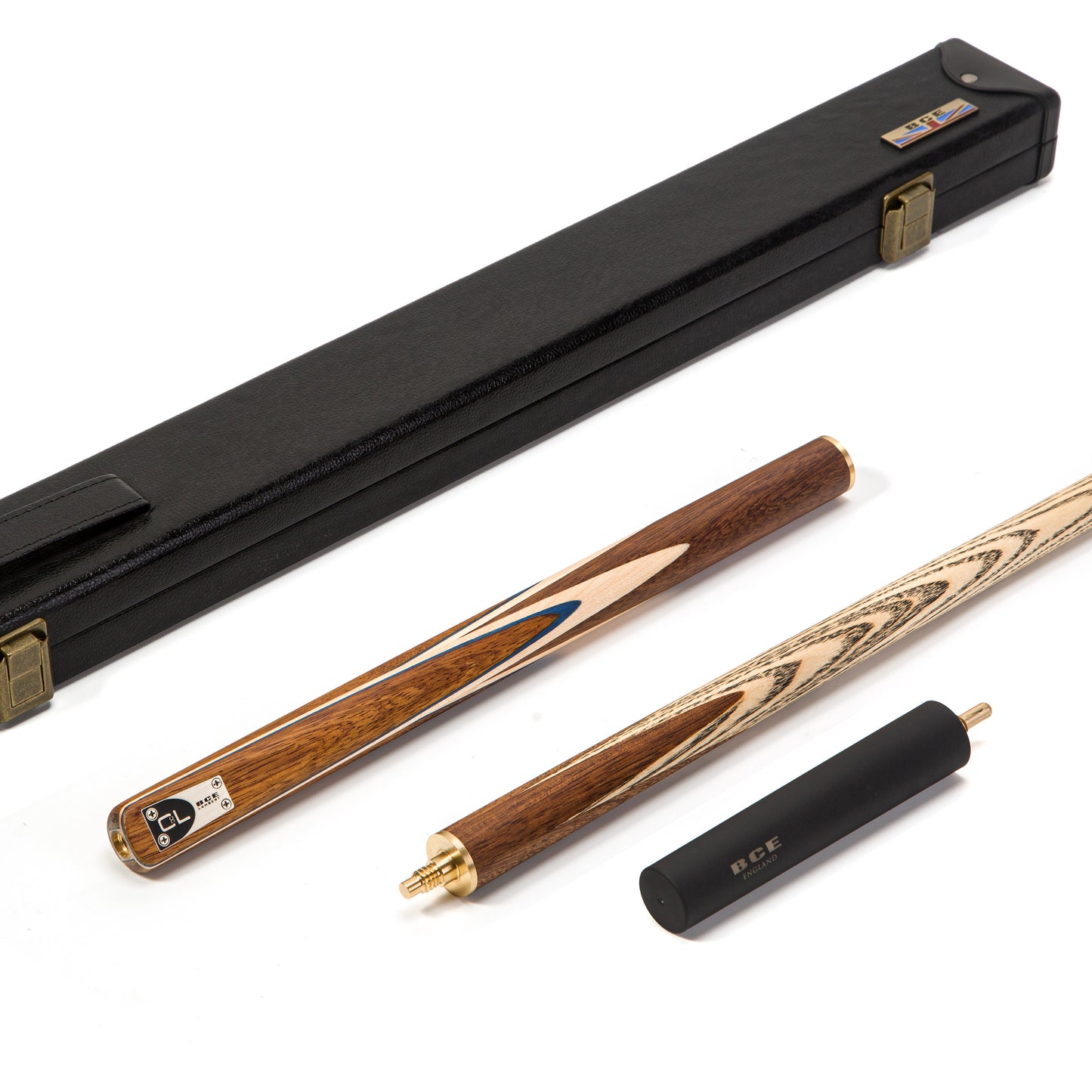 BCE C8L - 3 Piece English Pool Cue 3/4 Cut - Exotic Wood Butt with 9mm Tip - 145cm - Blue/ Natural Wood - with Deluxe Hard Case