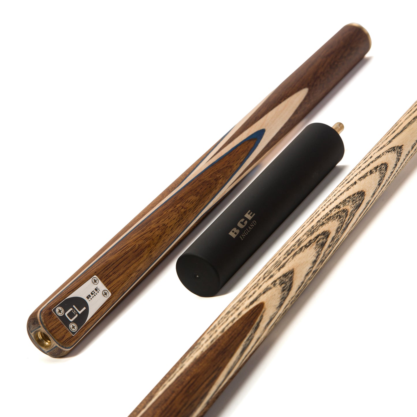 BCE C8L - 3 Piece English Pool Cue 3/4 Cut - Exotic Wood Butt with 9mm Tip - 145cm - Blue/ Natural Wood - with Deluxe Hard Case
