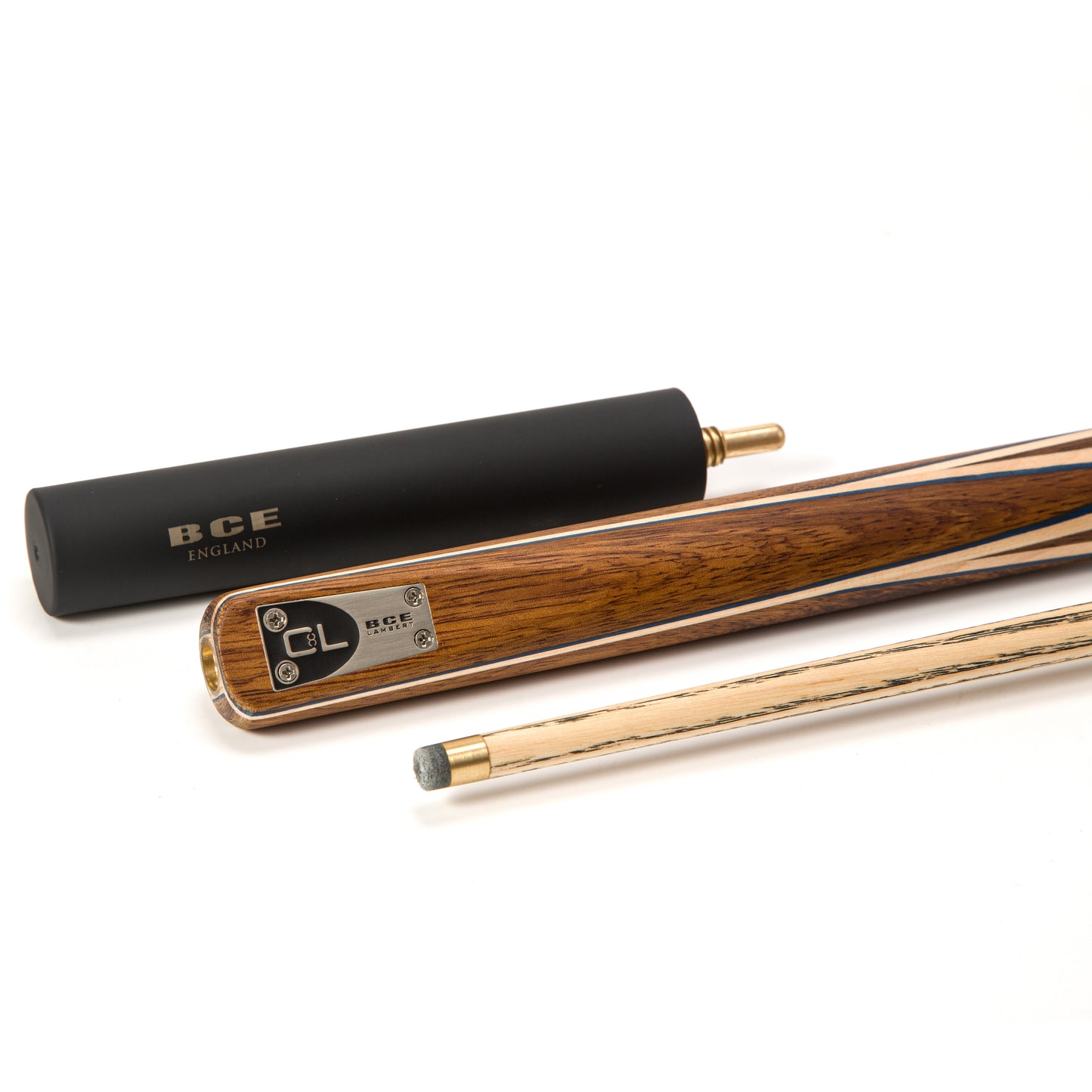 BCE C8L - 3 Piece English Pool Cue 3/4 Cut - Exotic Wood Butt with 9mm Tip - 145cm - Blue/ Natural Wood - with Deluxe Hard Case
