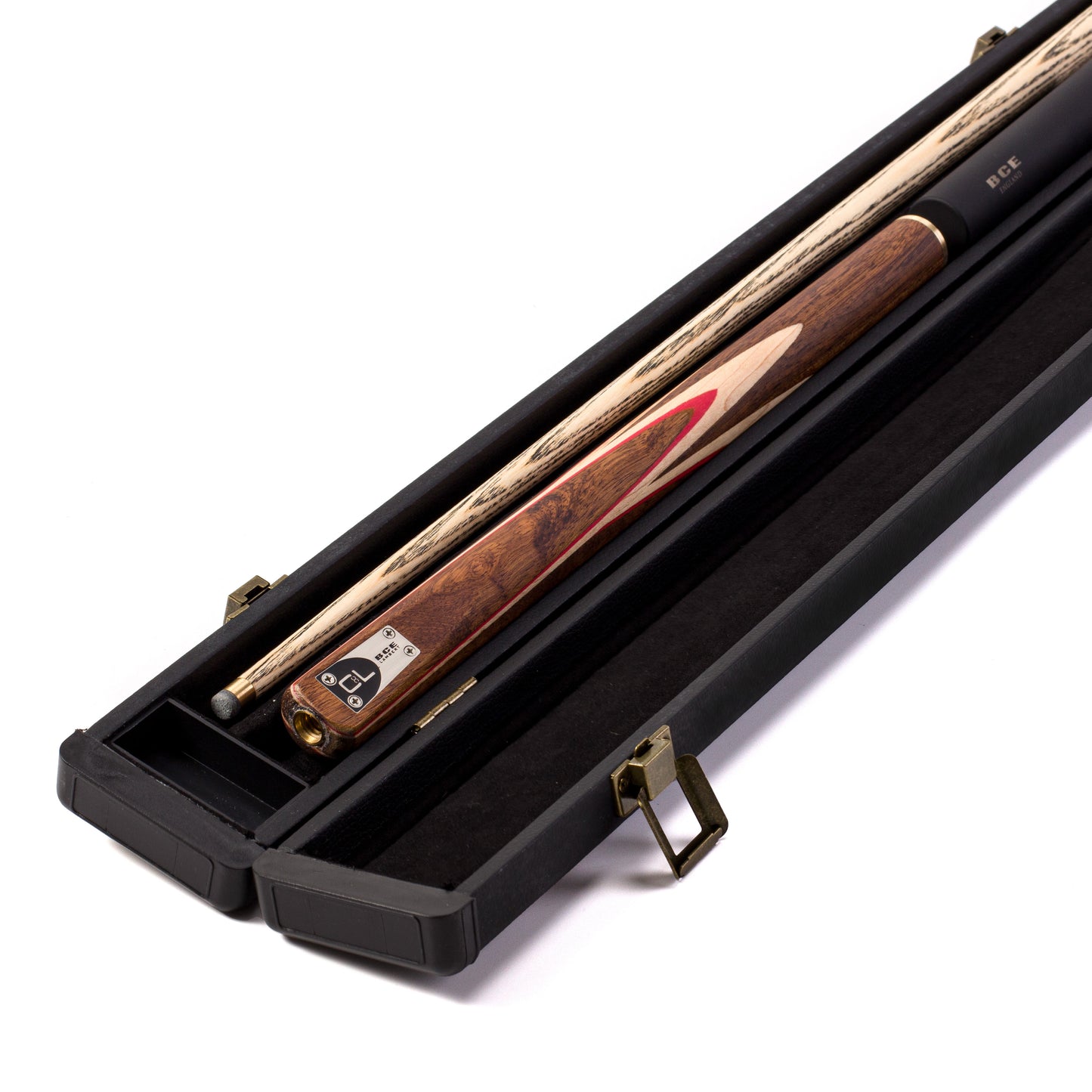 BCE C8L - 3 Piece English Pool Cue 3/4 Cut - Exotic Wood Butt with 9mm Tip - 145cm - Red/ Natural Wood - with Deluxe Hard Case