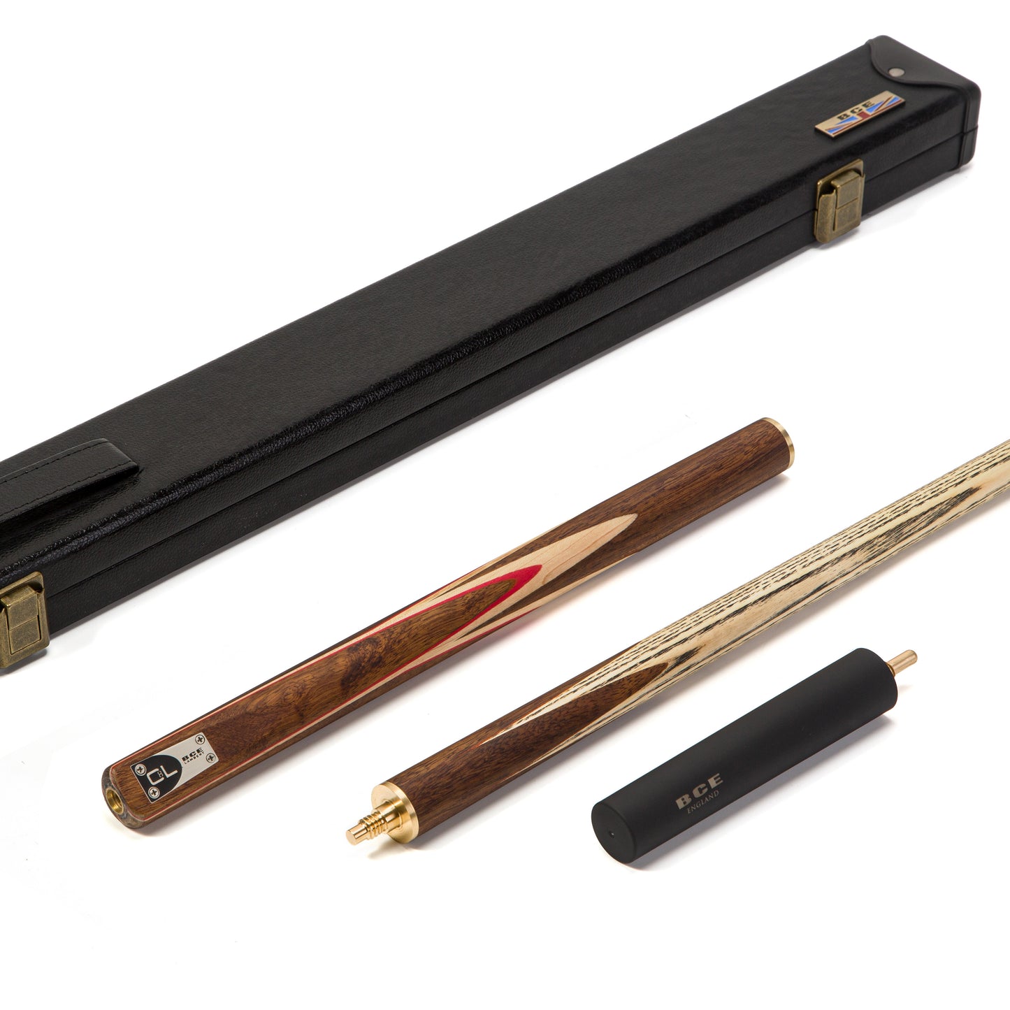 BCE C8L - 3 Piece English Pool Cue 3/4 Cut - Exotic Wood Butt with 9mm Tip - 145cm - Red/ Natural Wood - with Deluxe Hard Case