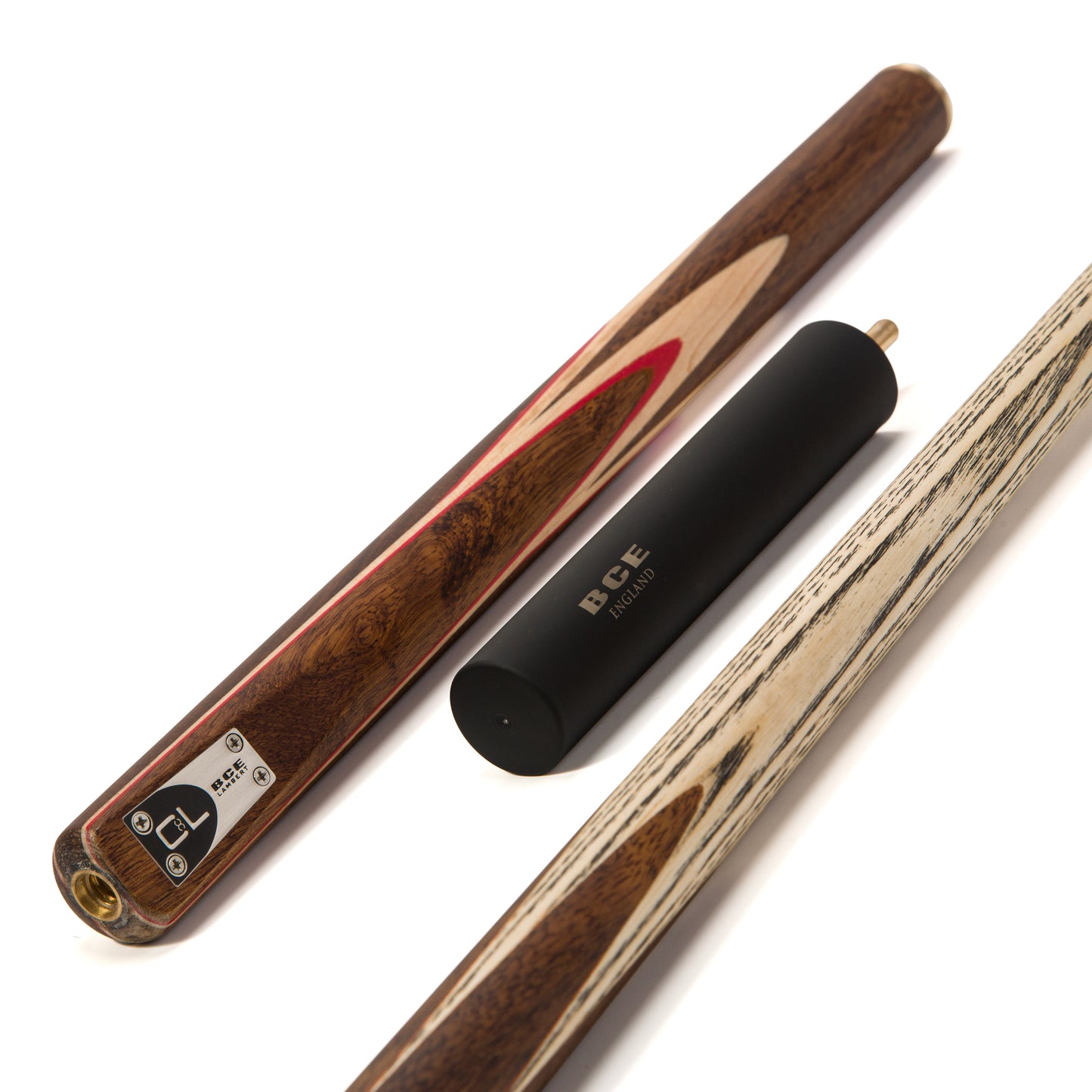 BCE C8L - 3 Piece English Pool Cue 3/4 Cut - Exotic Wood Butt with 9mm Tip - 145cm - Red/ Natural Wood - with Deluxe Hard Case