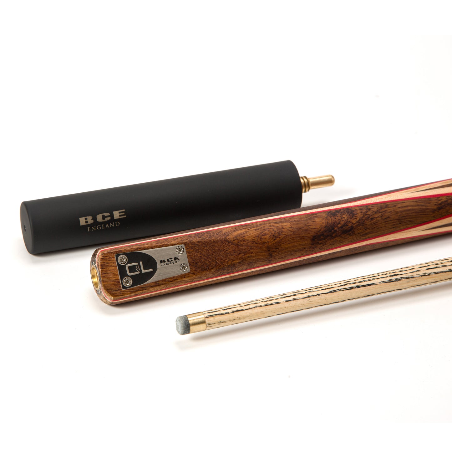 BCE C8L - 3 Piece English Pool Cue 3/4 Cut - Exotic Wood Butt with 9mm Tip - 145cm - Red/ Natural Wood - with Deluxe Hard Case