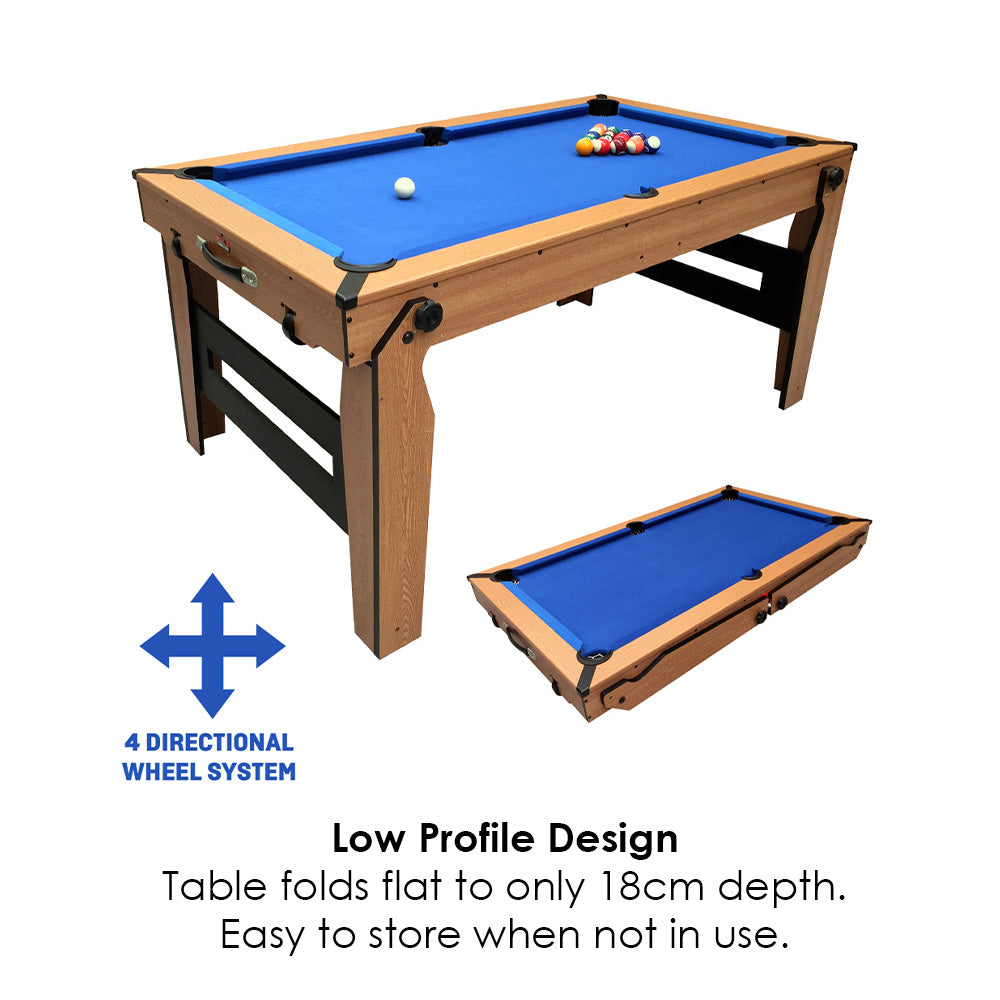 BCE 5ft Razor Folding 2 in 1 Pool Table with Table Tennis Top - Blue Cloth/ Oak Finish - Folds Flat