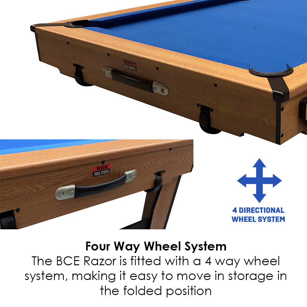 BCE 5ft Razor Folding 2 in 1 Pool Table with Table Tennis Top - Blue Cloth/ Oak Finish - Folds Flat