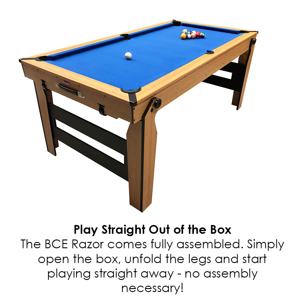 BCE 5ft Razor Folding 2 in 1 Pool Table with Table Tennis Top - Blue Cloth/ Oak Finish - Folds Flat
