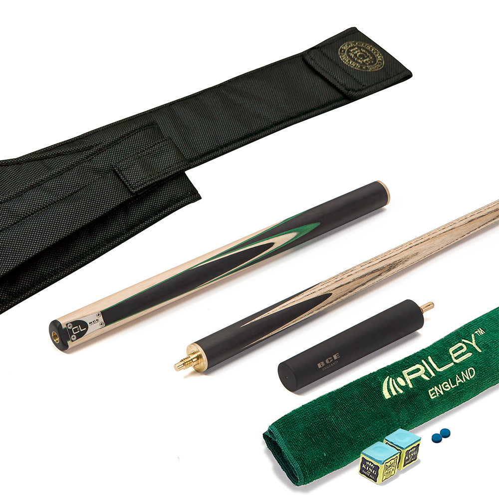 BCE C8L - 3 Piece English Pool Cue - 3/4 Cut Cue - Layered Ebonised Black Wood with 9mm Tip - 145cm - Black/ Green /Light Wood