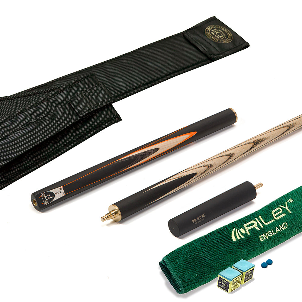 BCE C8L - 3 Piece English Pool Cue and Hard Case - 3/4 Cut Cue - Layered Ebonised Black Wood with 9mm Tip - 145cm - Black/ Orange/ Natural Wood