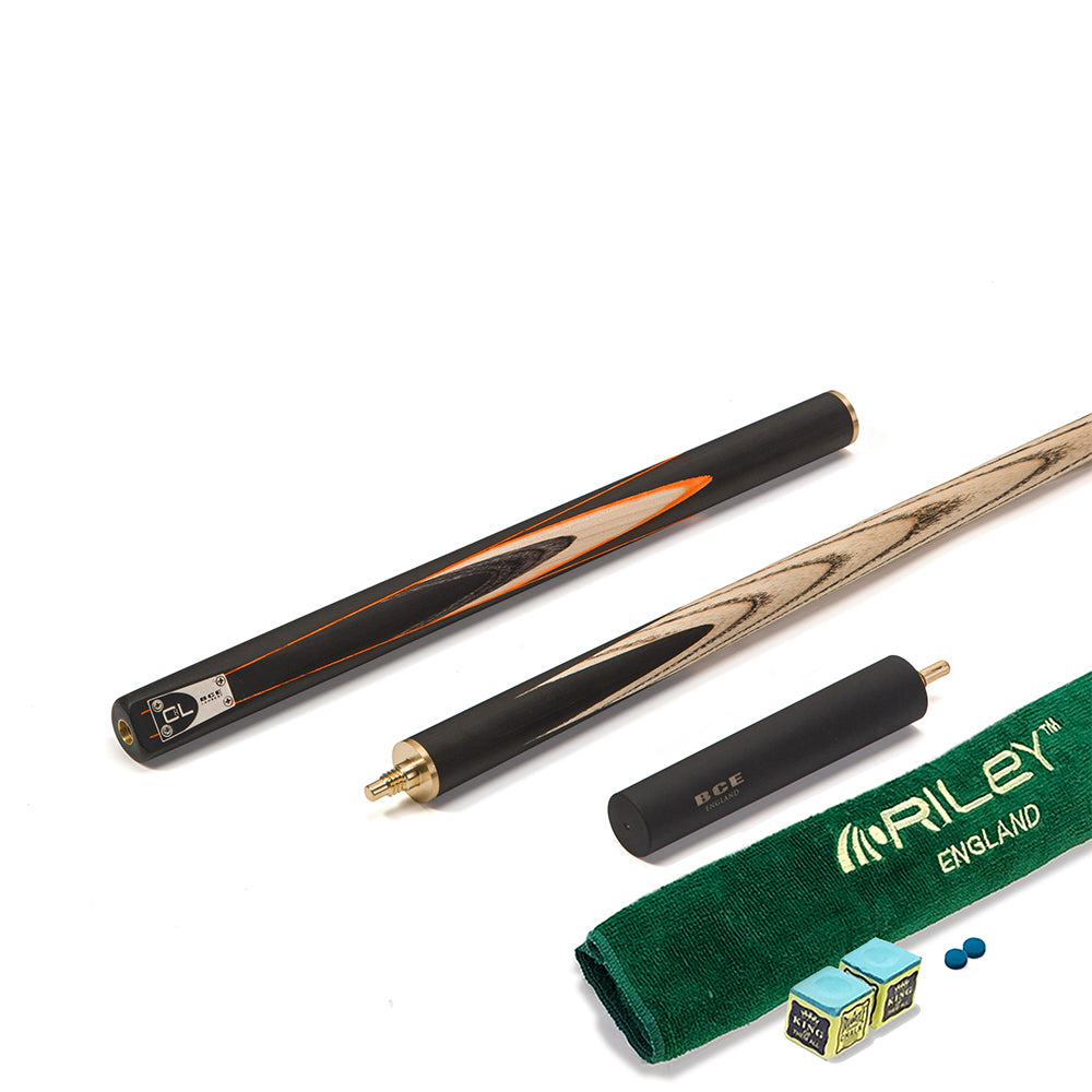 BCE C8L - 3 Piece English Pool Cue and Hard Case 3/4 Cut - Layered Ebonised Black Wood with 9mm Tip - 145cm - Black/ Orange/ Natural Wood - with Deluxe Hard Case
