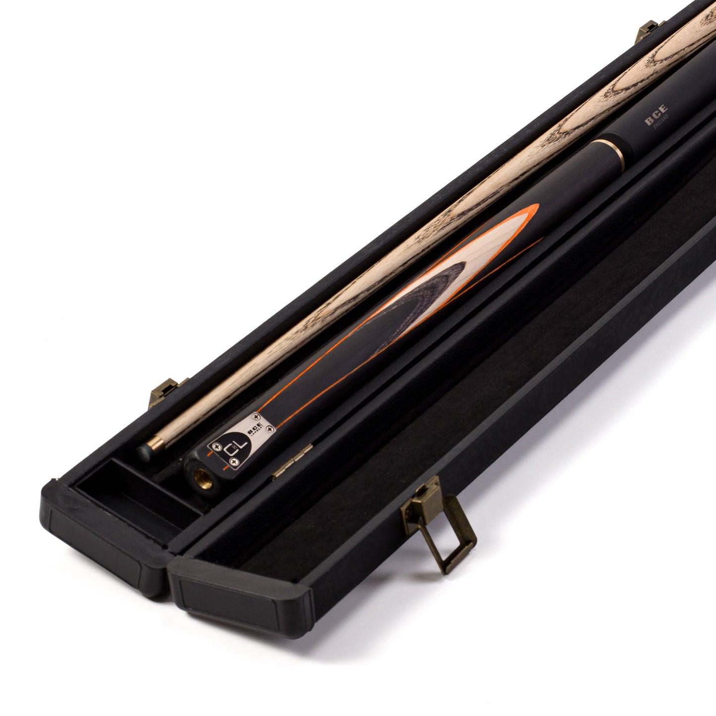 BCE C8L - 3 Piece English Pool Cue and Hard Case 3/4 Cut - Layered Ebonised Black Wood with 9mm Tip - 145cm - Black/ Orange/ Natural Wood - with Deluxe Hard Case