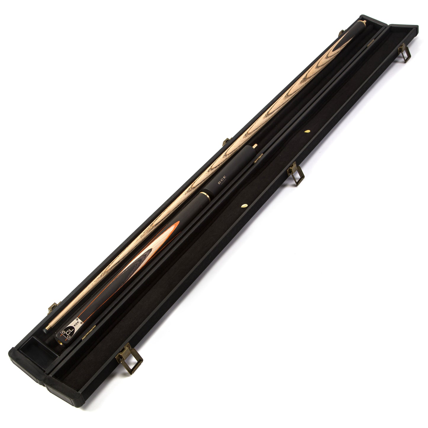 BCE C8L - 3 Piece English Pool Cue and Hard Case 3/4 Cut - Layered Ebonised Black Wood with 9mm Tip - 145cm - Black/ Orange/ Natural Wood - with Deluxe Hard Case