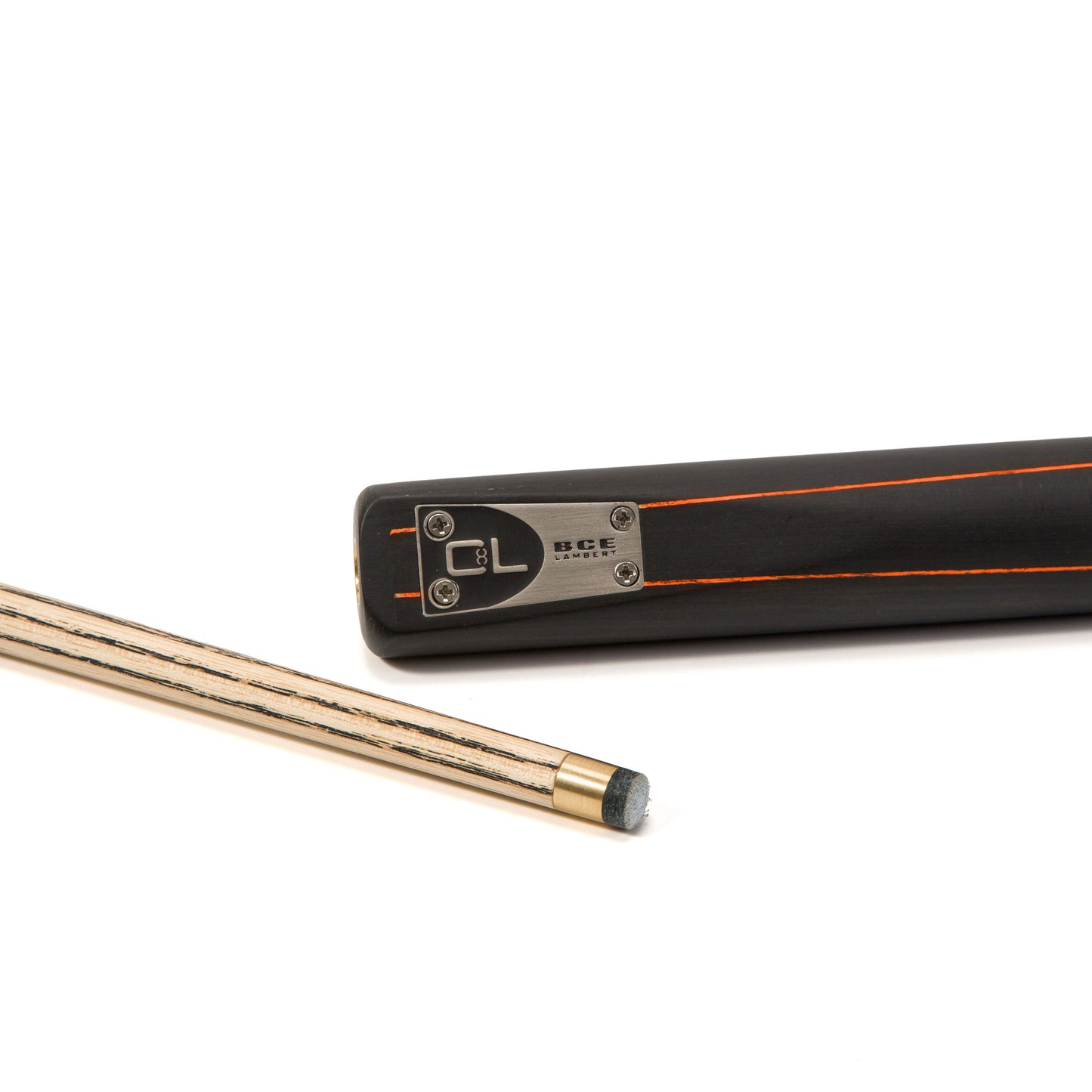 BCE C8L - 3 Piece English Pool Cue and Hard Case 3/4 Cut - Layered Ebonised Black Wood with 9mm Tip - 145cm - Black/ Orange/ Natural Wood - with Deluxe Hard Case