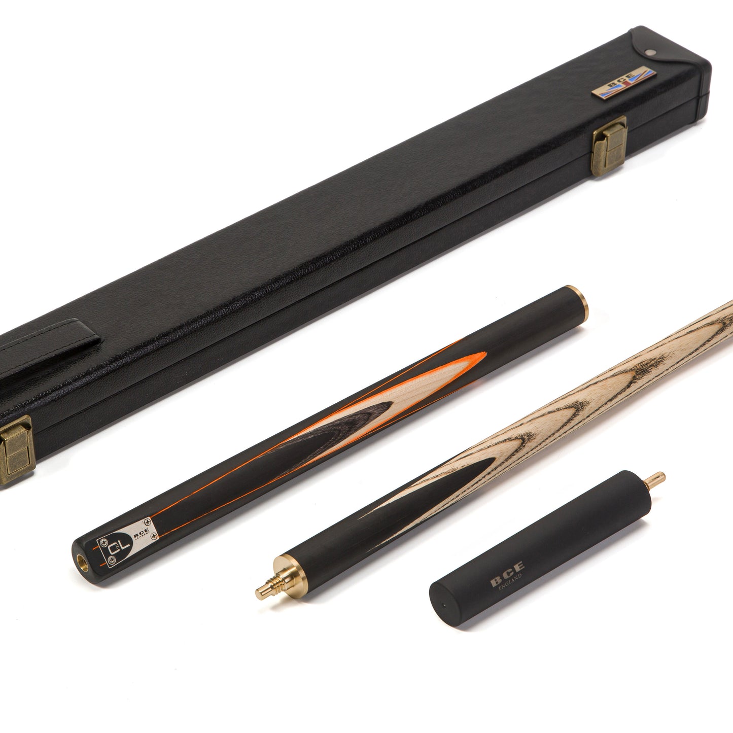 BCE C8L - 3 Piece English Pool Cue and Hard Case 3/4 Cut - Layered Ebonised Black Wood with 9mm Tip - 145cm - Black/ Orange/ Natural Wood - with Deluxe Hard Case