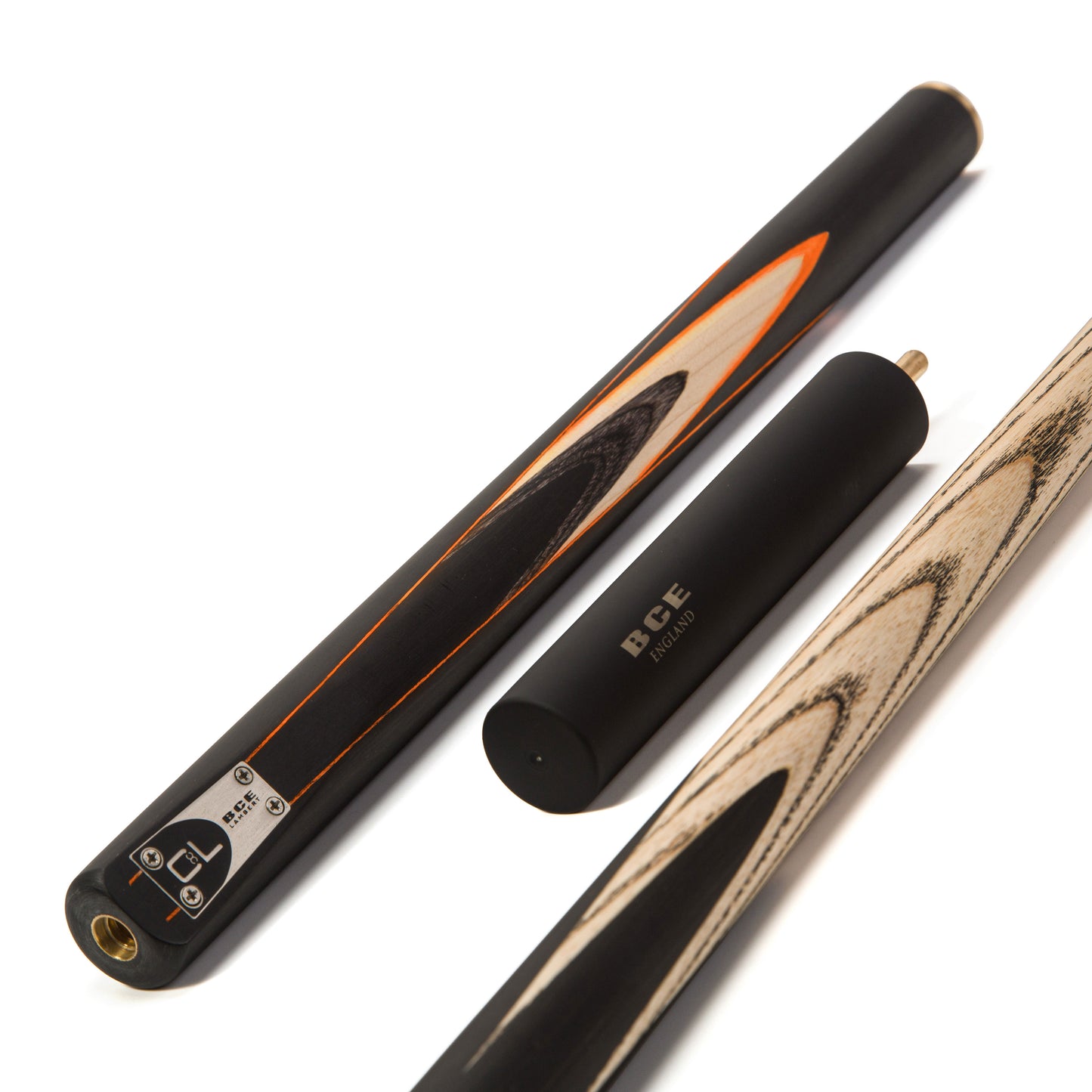 BCE C8L - 3 Piece English Pool Cue and Hard Case 3/4 Cut - Layered Ebonised Black Wood with 9mm Tip - 145cm - Black/ Orange/ Natural Wood - with Deluxe Hard Case