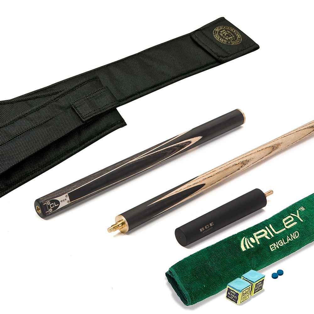 BCE C8L - 3 Piece English Pool Cue 3/4 Cut - Layered Ebonised Black Wood with 9mm Tip - 145cm - Black/ Green/ Light Wood - with Deluxe Hard Case